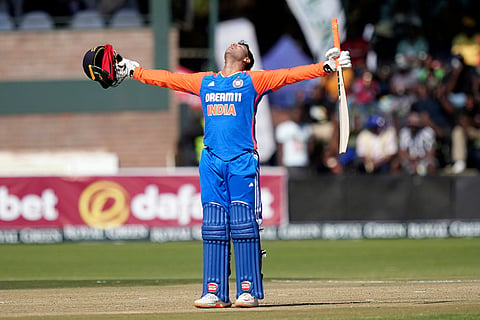 Abishek Sharma celebrates scoring 100 runs